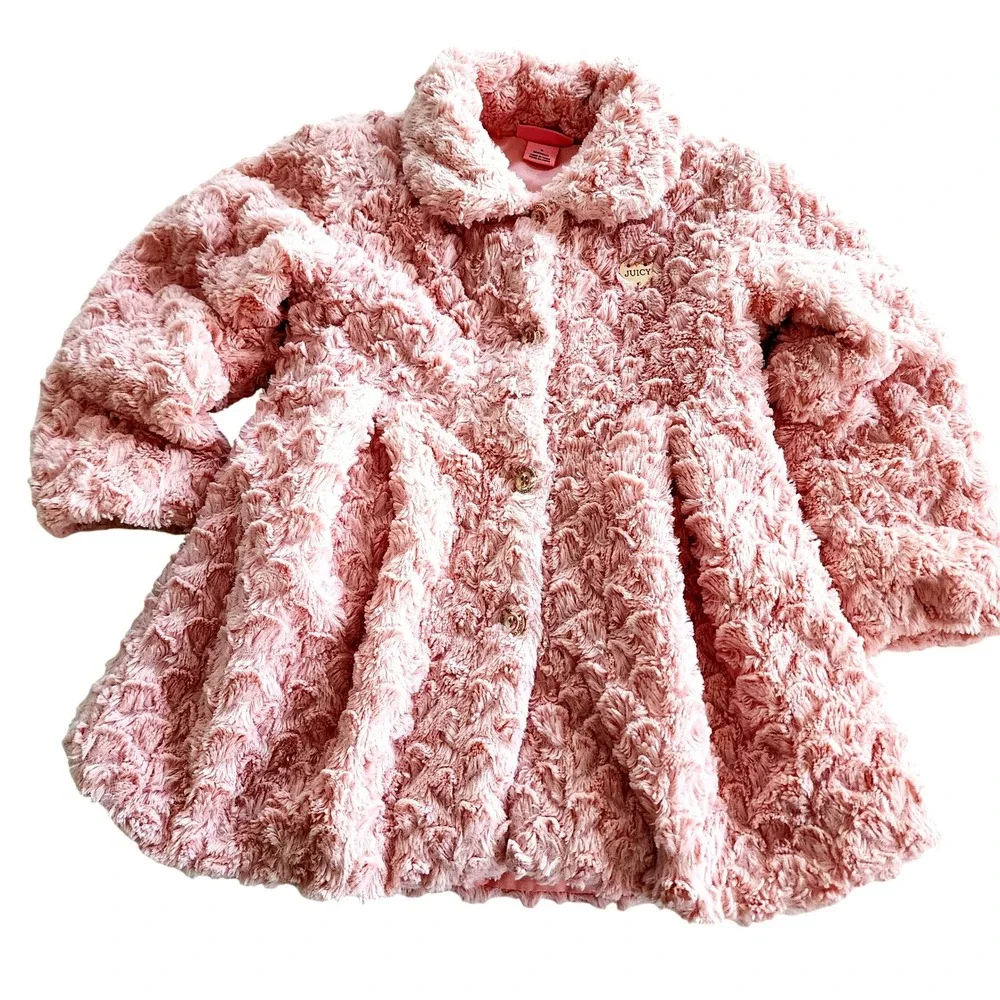 Juicy Couture Kids Pink Rosette Peplum Babydoll Faux Fur Logo Plate Coat Sz.‎ 6